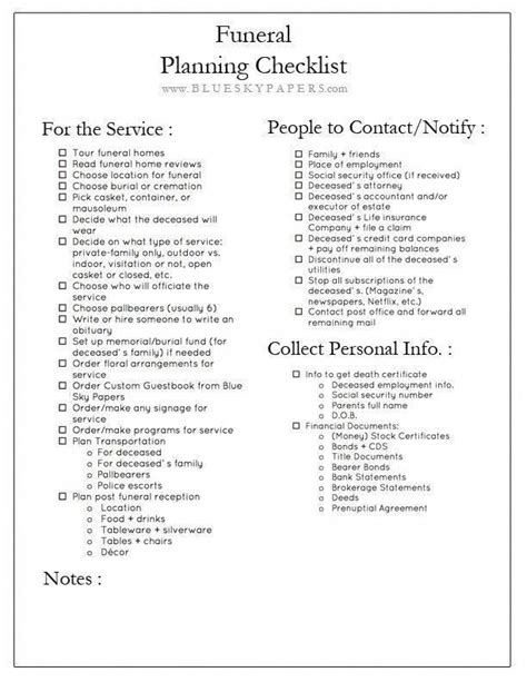 Printable Funeral Planning Checklist